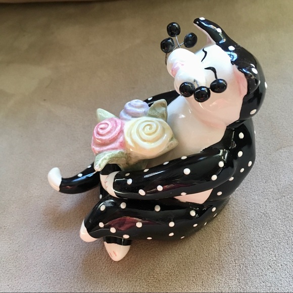 2001 Amy Lacombe Ceramic Black Polka Dot Tuxedo Cat Collectible Figurine - Picture 3 of 16